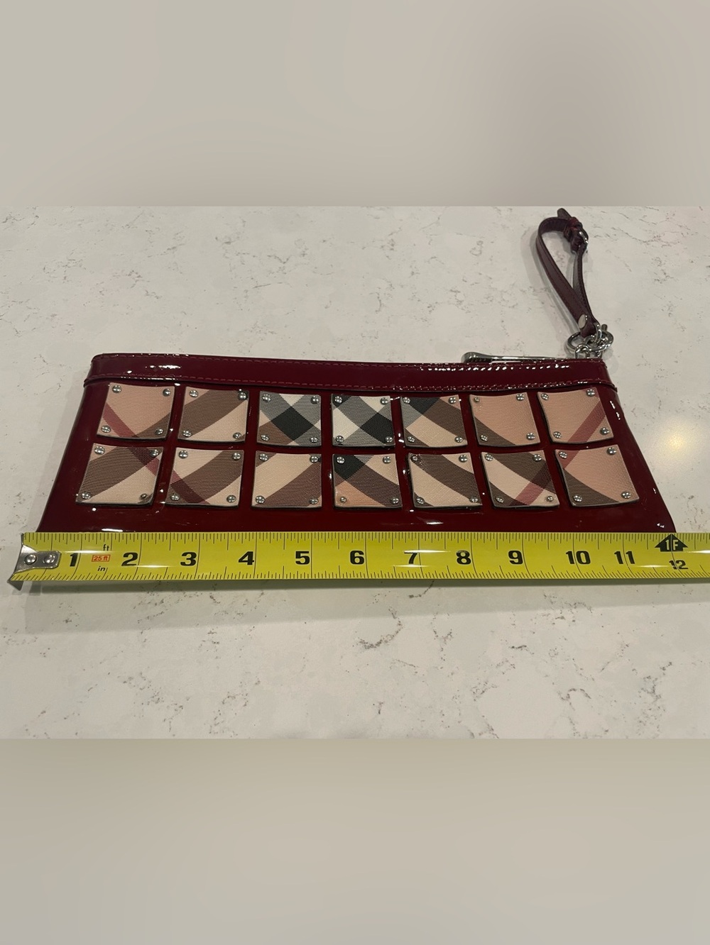 Burberry Oxblood Patent Nova Check Studded Wristlet Clutch Italy - Picture 8 of 10